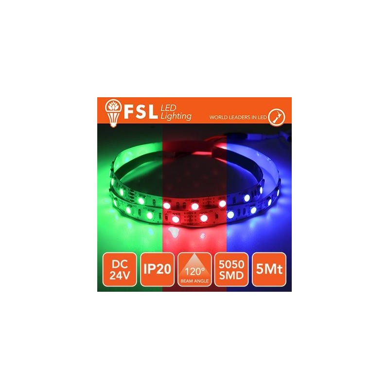 Striscia LED 5m IP20 5050 24V - 12W/m 60led/m RGB